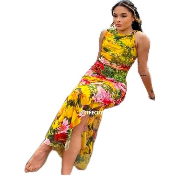 ZARA Bloggers Fave Flower Print Stretch Ruched Side Bodycon Midi Dress Small New - Picture 3 of 10